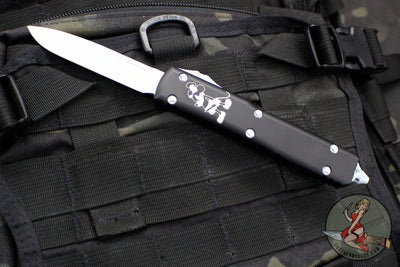 Microtech Steamboat Willie Ultratech OTF Knife- Single Edge- Black Handle- White Washed Plain Edge Blade 121-1 SB