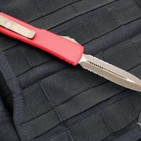 Microtech Ultratech OTF Knife- Double Edge- Red Handle- Bronzed Apocalyptic Part Serrated Blade and Hardware 122-14 APRD