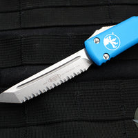 Microtech Ultratech OTF Knife- Tanto Edge- Blue Handle- Stonewash Full Serrated Blade 123-12 BL