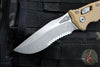 Microtech Knives- Amphibian Ram-Lok Folder- Fluted Tan G-10 Handle- Apocalyptic Part Serrated Edge Blade 137RL-11 APFLGTTA