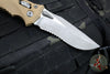 Microtech Knives- Amphibian Ram-Lok Folder- Fluted Tan G-10 Handle- Apocalyptic Part Serrated Edge Blade 137RL-11 APFLGTTA