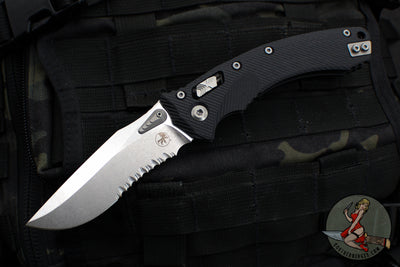 Microtech Knives- Amphibian Ram-Lok Folder- Fluted Black G-10 Handle- Stonewash Part Serrated Blade 137RL-11 FLGTBK