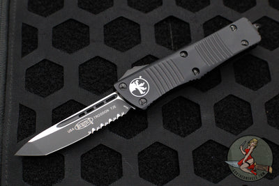 Microtech Troodon OTF Knife- Tanto Edge- Tactical- Black Handle- Black Part Serrated Blade 140-2 T
