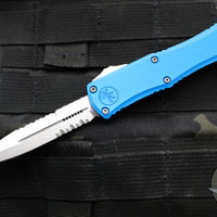 Microtech Hera II OTF Knife- MINI- Bayonet Edge- Blue Handle- Stonewash Part Serrated Blade 1701M-11 BL