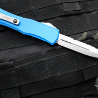 Microtech Hera II OTF Knife- MINI- Bayonet Edge- Blue Handle- Stonewash Full Serrated Blade 1701M-12 BL