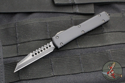 Microtech UTX-70 OTF Knife- Warhound Edge- Shadow- Black Handle With Deep Etched Logo- Black DLC Plain Edge Blade 419W-1 DLCTSH