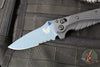 Benchmade MINI Adira Axis Lock Folding Knife- Tempest Gray Grivory Handle- Blue Titanium Finished Magnacut Part Serrated Blade 18065SBT-01