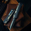 Microtech Glykon OTF Knife- Bayonet Edge- Black Handle With Tony Marfione Hand Flamed Titanium Accents and DLC Hardware- Black DLC Finished Serrated Upper Blade 184-2 DLCFA