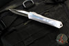 Heretic Custom Manticore-S OTF Knife- Bowie Edge- Stainless Steel Chassis- Mother Of Pearl Inlay- Baker Forge Double Shim Damascus MOP Inlaid Blade SN04