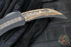 Heretic Custom ROC OTF Auto- Single Edge- Black Handle With Fat Carbon Brass & Copper Snakeskin Inlay- Hand Ground Baker Forge Tiger Gomai Damascus Blade SN021