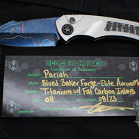 Heretic Knives Custom Pariah- OTS Auto- Titanium Frame- Fat Carbon Snakeskin Inlay- Blued Baker Forge Elite AuroraMai Damascus Blade- Fat Carbon Snakeskin Button Inlay- DLC Hardware SN11