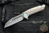 Marfione Custom Warhound Flipper- Polished And Flamed Titanium Handle- Vegas Forge Reptilian Damascus Blade- Blue Hardware