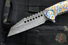 Marfione Custom Warhound Flipper- Polished And Flamed Titanium Handle- Vegas Forge Reptilian Damascus Blade- Blue Hardware