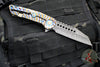 Marfione Custom Warhound Flipper- Polished And Flamed Titanium Handle- Vegas Forge Reptilian Damascus Blade- Blue Hardware