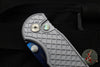 Protech TR-3 Integrity- Manual Button Lock Knife- BLADE SHOW 2025- Relic Pattern Battleship Grey Handle- Sapphire Blue S35VN Steel Blade- Abalone Button BSA25.INT.1