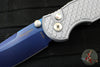 Protech TR-3 Integrity- Manual Button Lock Knife- BLADE SHOW 2025- Relic Pattern Battleship Grey Handle- Sapphire Blue S35VN Steel Blade- Abalone Button BSA25.INT.1
