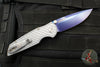 Protech TR-3 Integrity- Manual Button Lock Knife- BLADE SHOW 2025- Relic Pattern Battleship Grey Handle- Sapphire Blue S35VN Steel Blade- Abalone Button BSA25.INT.1