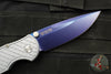 Protech TR-3 Integrity- Manual Button Lock Knife- BLADE SHOW 2025- Relic Pattern Battleship Grey Handle- Sapphire Blue S35VN Steel Blade- Abalone Button BSA25.INT.1