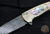 Protech Custom Malibu Flipper- 2023 010- Wharncliffe- Bronze Anodized Titanium Handle- Abalone Inlays and Nichols Mosaic Damascus Blade