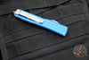 Microtech Ultratech OTF Knife- Tanto Edge- Distressed Blue Handle- Stonewash Full Serrated Blade 123-12 DBL