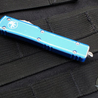 Microtech UTX-70 OTF Knife- Double Edge- Distressed Blue Handle- Apocalyptic Blade 147-10 DBL
