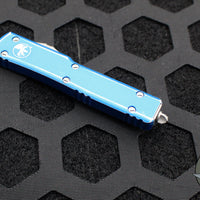 Microtech UTX-70 OTF Knife- Double Edge- Distressed Blue Handle- Double Full Serrated Apocalyptic Blade 147-D12 DBL