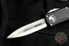 PREOWNED- Microtech Hera OTF Knife- Double Edge- Black Handle- Stonewash Full Serrated Blade 702-12 PREOWNED