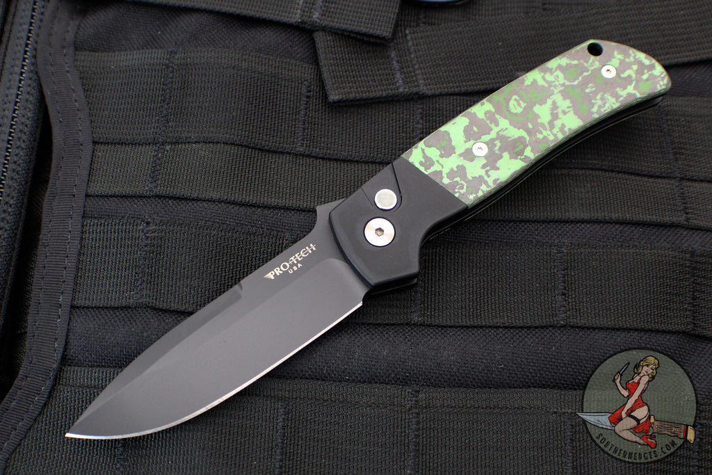 Protech GXIII Terzuola ATCF Out The Side (OTS) Auto Knife- Black Handle with Green/Black Fat Carbon Inlays- Stonewash Magnacut DLC Black Blade- G13 ATCH