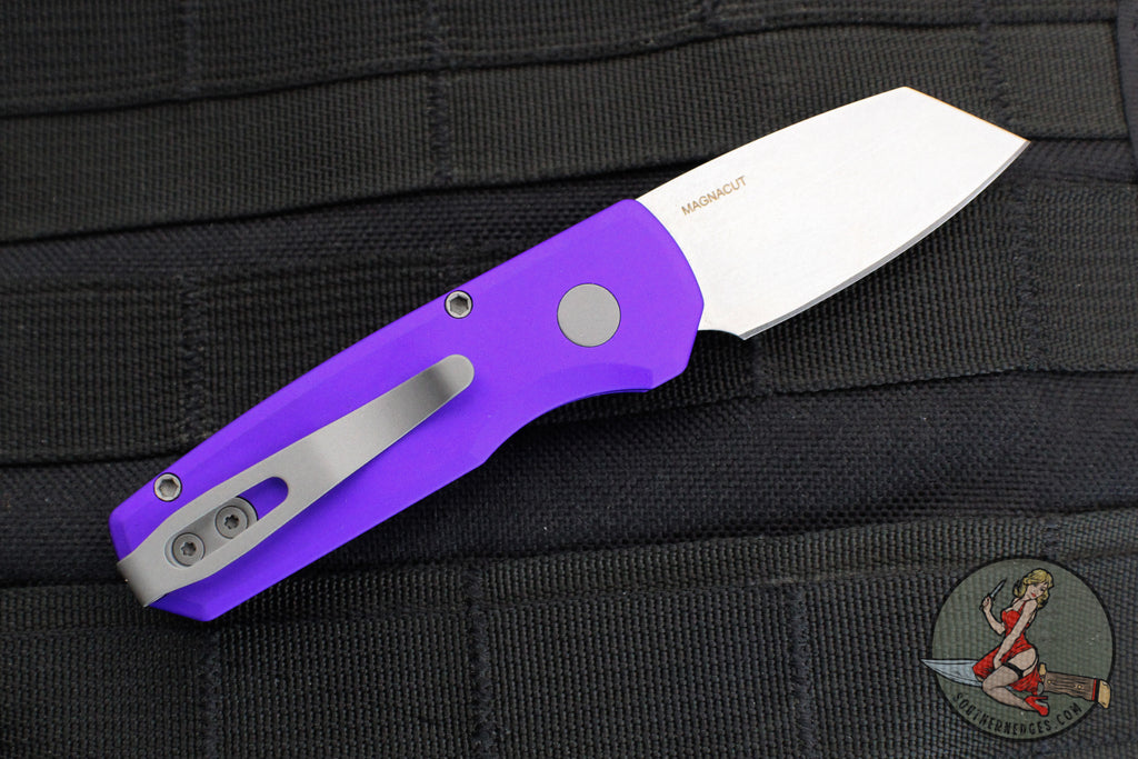 Protech Runt 5 R5401-PURPLE Solid Purple Handle 1.9 Stonewash MAGNACUT  Reverse Tanto Blade Automatic Knife