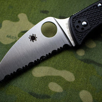 Spyderco RockJumper Black Handle Satin Flat Ground Wharncliffe Lockback Knife Serrated C254SBK