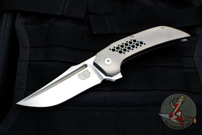 Tashi Bharucha Custom Flipper Knife- Recurve Satin Blade- Orange Peel Titanium Handles- Timascus Clip