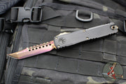 Microtech Ultratech OTF Knife- Hellhound Edge- Black Deep Logo Handle- Blued Baker Forge Coppermai Damascus Blade 1119-16 MS3