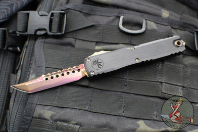 Microtech Ultratech OTF Knife- Hellhound Edge- Black Deep Logo Handle- Blued Baker Forge Coppermai Damascus Blade 1119-16 MS3