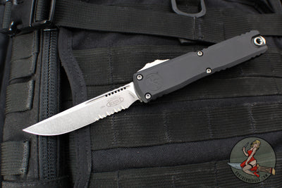 Microtech Ultratech ZBP Zero Blade Play OTF Knife- Single Edge- Black Handle- Stonewash Part Serrated Blade 1121-11