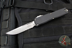 Microtech Ultratech ZBP Zero Blade Play OTF Knife- Single Edge- Black Handle- Stonewash Part Serrated Blade 1121-11