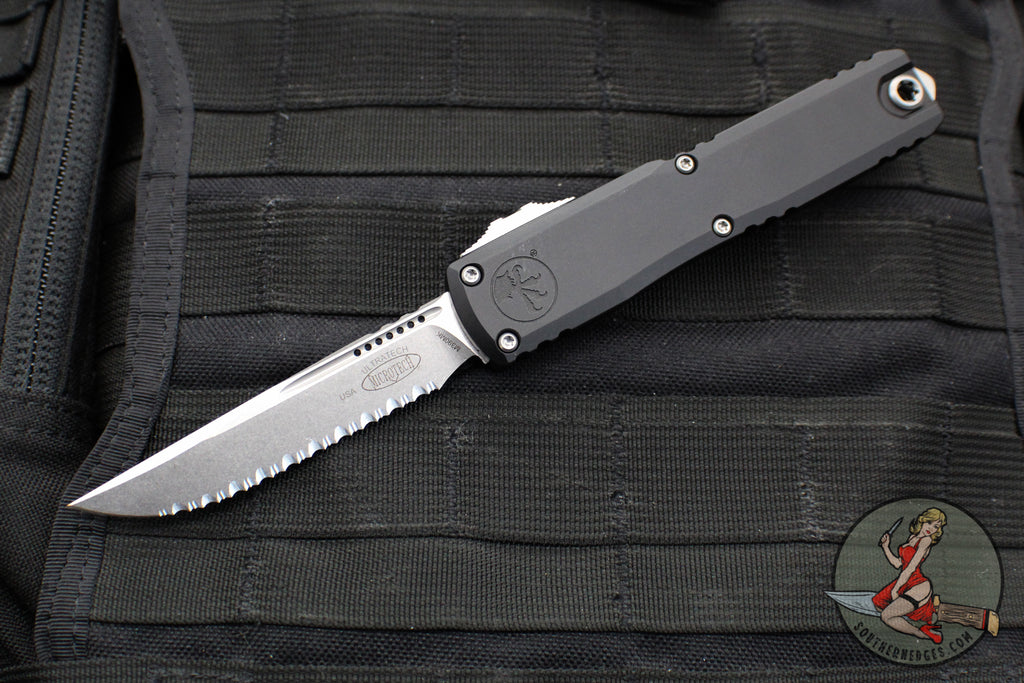 Microtech Ultratech ZBP Zero Blade Play OTF Knife- Single Edge- Black Handle- Stonewash Full Serrated Blade 1121-12