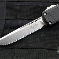 Microtech Ultratech ZBP Zero Blade Play OTF Knife- Single Edge- Black Handle- Stonewash Full Serrated Blade 1121-12