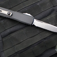 Microtech Ultratech ZBP Zero Blade Play OTF Knife- Single Edge- Black Handle- Stonewash Full Serrated Blade 1121-12