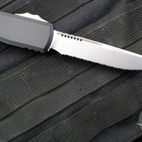 Microtech Ultratech ZBP Zero Blade Play OTF Knife- Single Edge- Black Handle- Stonewash Full Serrated Blade 1121-12