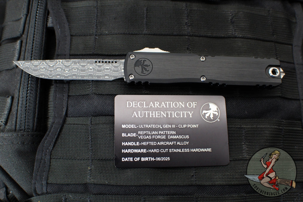 Microtech Ultratech ZBP Zero Blade Play OTF Knife- Clip Point- Black Handle- Vegas Forge Reptilian Pattern Damascus Blade 1121-16 MS4