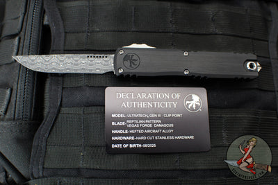 Microtech Ultratech ZBP Zero Blade Play OTF Knife- Clip Point- Black Handle- Vegas Forge Reptilian Pattern Damascus Blade 1121-16 MS4