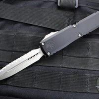 Microtech Ultratech ZBP Zero Blade Play OTF Knife- Double Edge- Black Handle- Stonewash Full Serrated Blade 1122-12