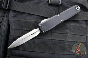 Microtech Ultratech ZBP Zero Blade Play OTF Knife- Double Edge- Black Handle- Stonewash Full Serrated Blade 1122-12