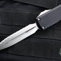 Microtech Ultratech ZBP Zero Blade Play OTF Knife- Double Edge- Black Handle- Stonewash Full Serrated Blade 1122-12