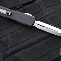 Microtech Ultratech ZBP Zero Blade Play OTF Knife- Double Edge- Black Handle- Stonewash Full Serrated Blade 1122-12