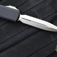 Microtech Ultratech ZBP Zero Blade Play OTF Knife- Double Edge- Black Handle- Stonewash Full Serrated Blade 1122-12