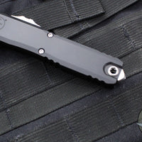 Microtech Ultratech ZBP Zero Blade Play OTF Knife- Double Edge- Black Handle- Stonewash Full Serrated Blade 1122-12