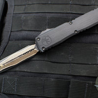 Microtech Ultratech ZBP Zero Blade Play OTF Knife- Double Edge- Black Handle- Baker Forge Tigermai Damascus Blade 1122-16 MS1