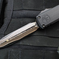 Microtech Ultratech ZBP Zero Blade Play OTF Knife- Double Edge- Black Handle- Baker Forge Tigermai Damascus Blade 1122-16 MS1