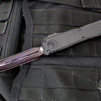 Microtech Ultratech ZBP Zero Blade Play OTF Knife- Double Edge- Black Handle- Baker Forge Blued Icestorm Damascus Blade- Purple Clip 1122-16 MS3